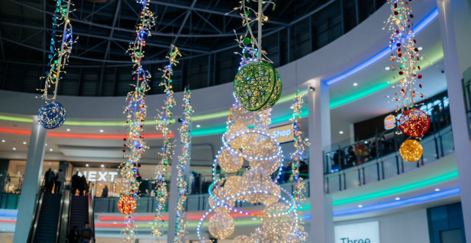 Christmas Decorations dangling from the ceiling of Drake Circus